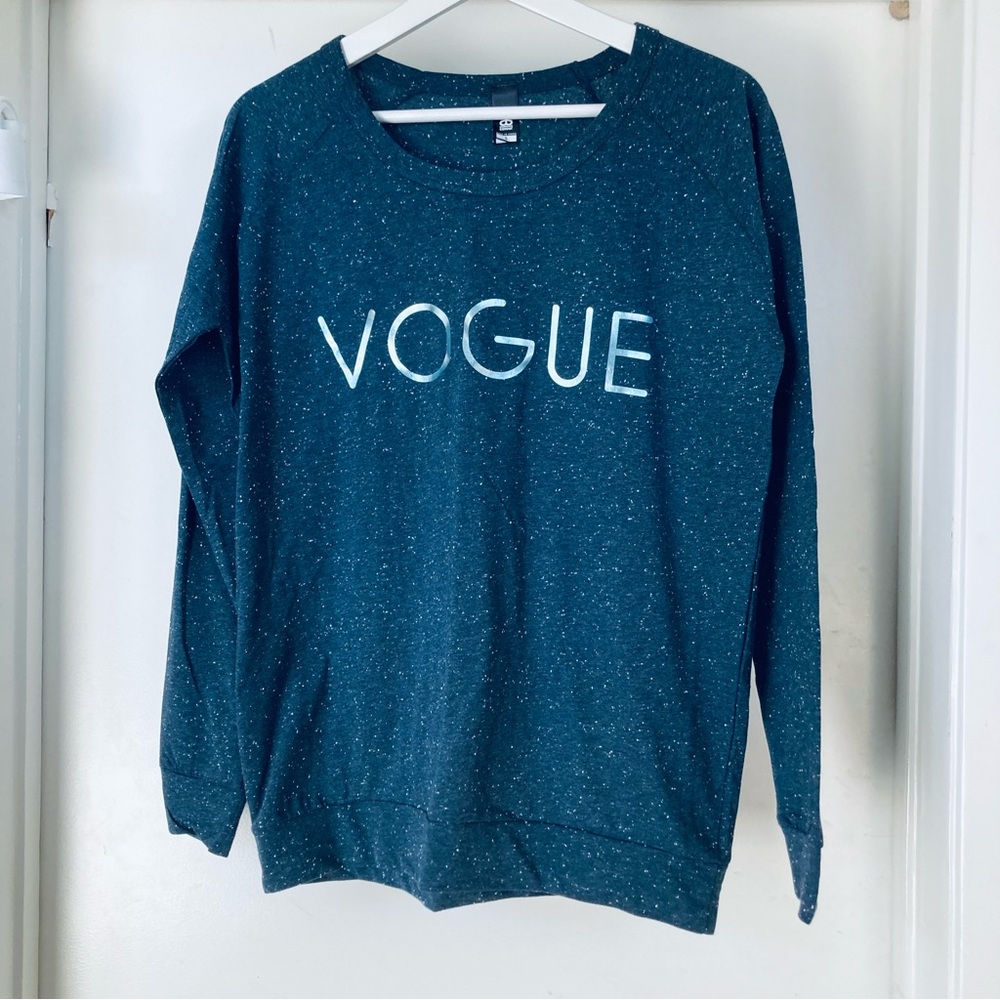 New VOGUE 80’s Blue Metallic Foil print top cotton anthropologie retro